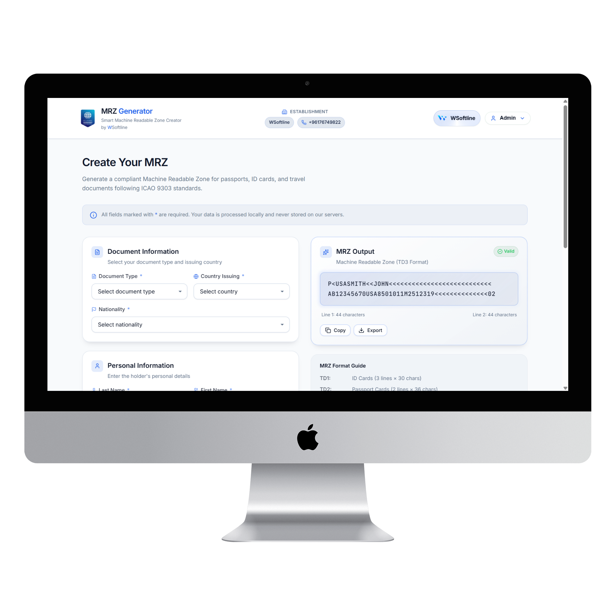 MRZ Generator interface shown inside a desktop mockup